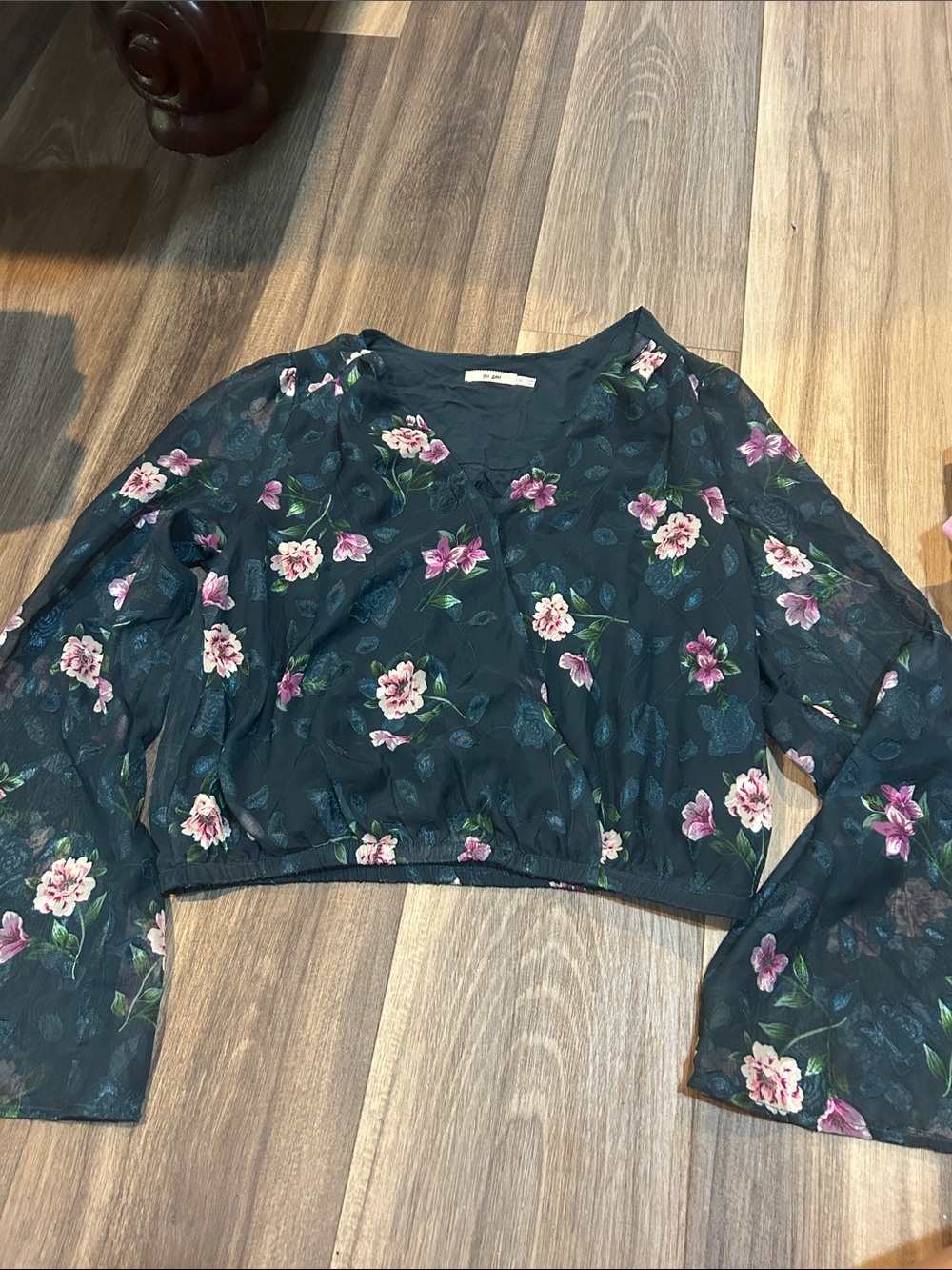 miami Dark Green Floral Sheer Long-Sleeve Crop Top